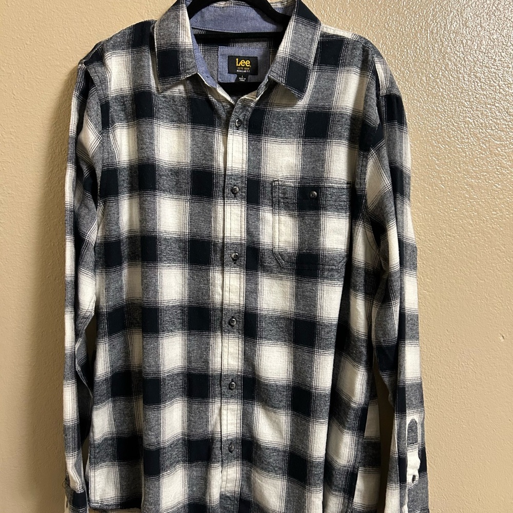 Lee Men's Black White regular fit flannel Shirt button down long sleeve size L